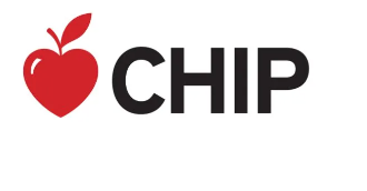 Red apple icon with the word “CHIP” in bold black letters on a white background