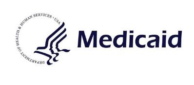 Medicaid logo with blue text and a circular emblem featuring a bird and “Department of Health & Human Services” text