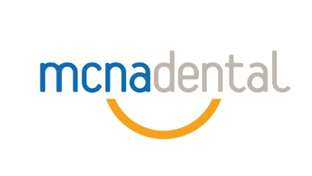 Mcna dental logo with blue and gray text and an orange smile underline