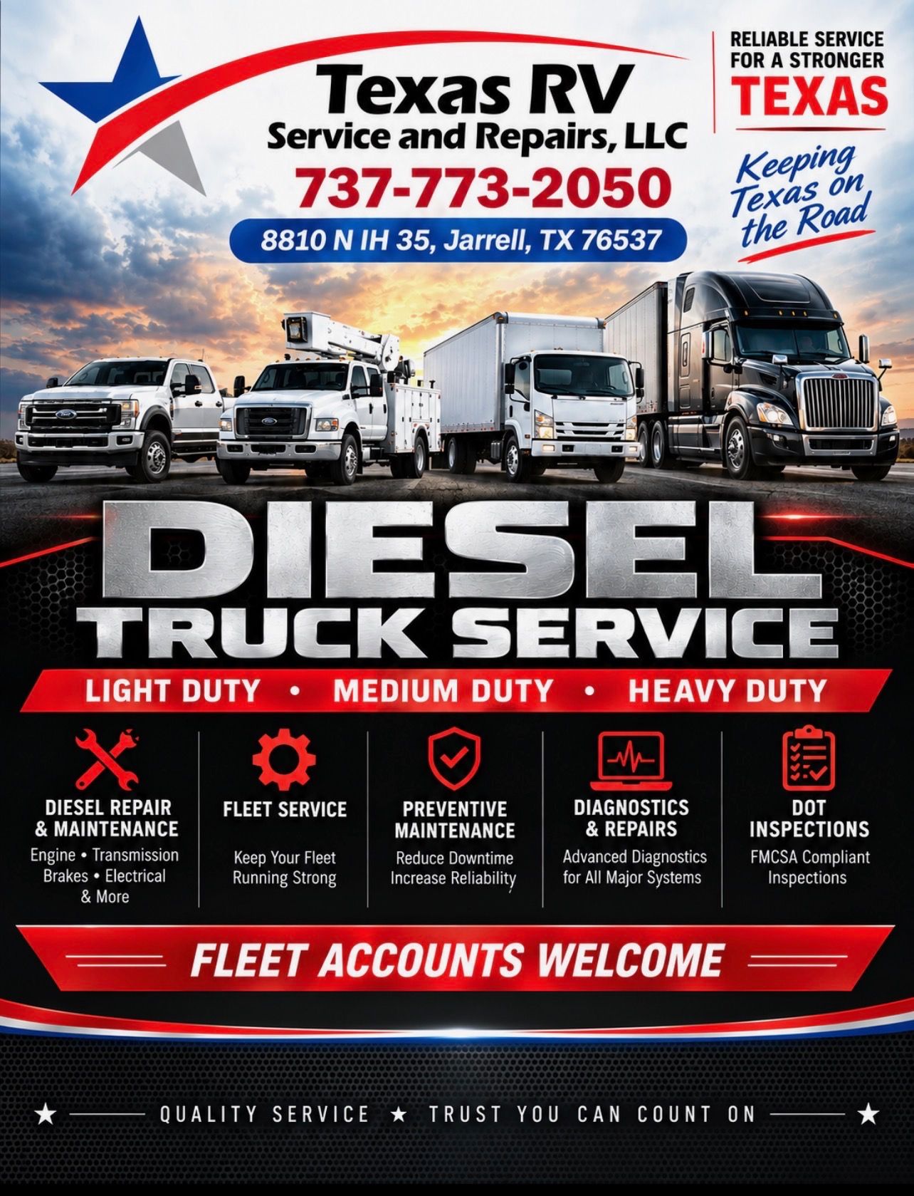 Texas RV Service and Repairs diesel truck service ad with trucks, bold text, and phone number