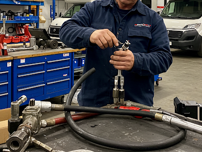 Mechanic working on equipment in a workshop, holding a tool with both hands. Blue and black tools on a table.