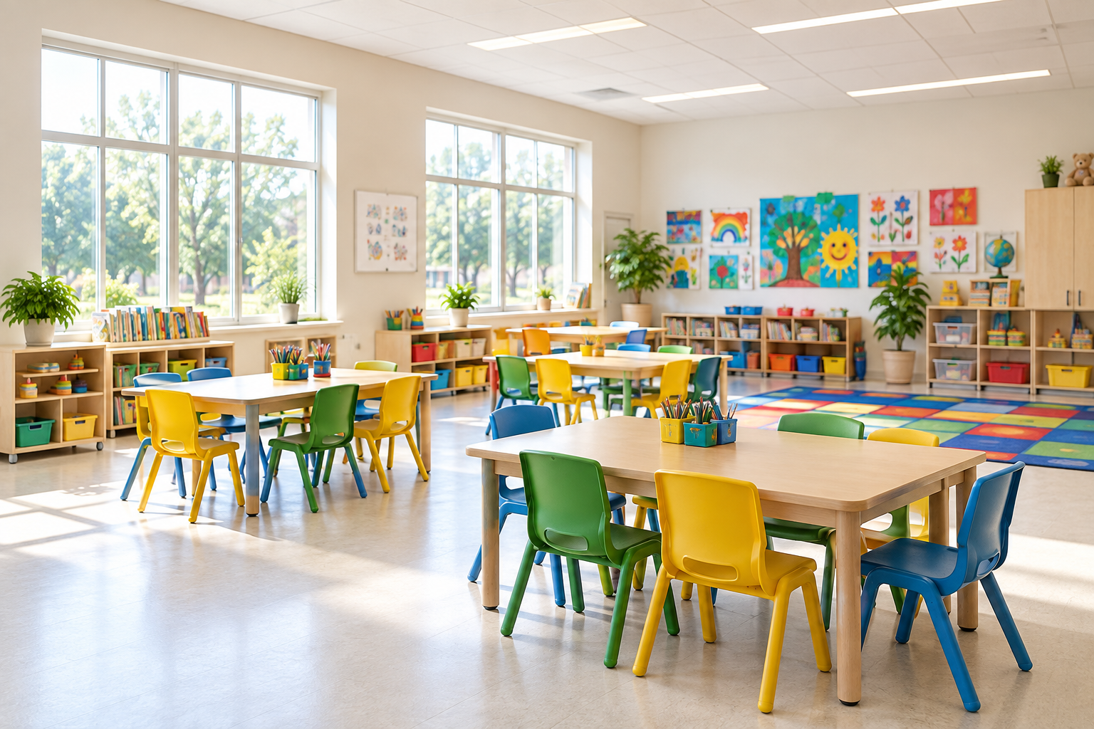 Bright elementary classroom with colorful tables, chairs, art displays, and large sunny windows
