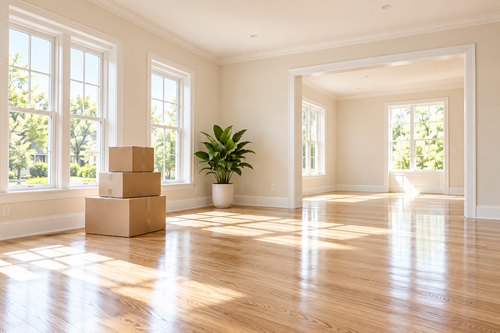 Sunlit empty living room with hardwood floors, large windows, stacked moving boxes, and a potted plant