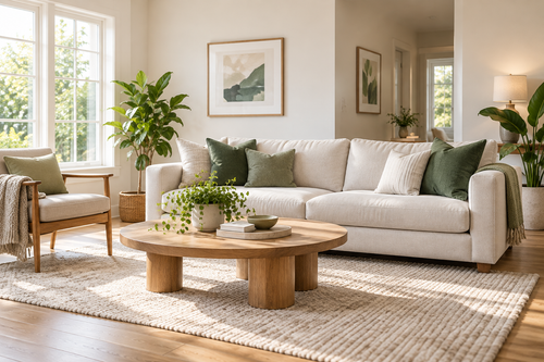 Bright living room with a cream sofa, wooden coffee table, plants, and sunlight from large windows
