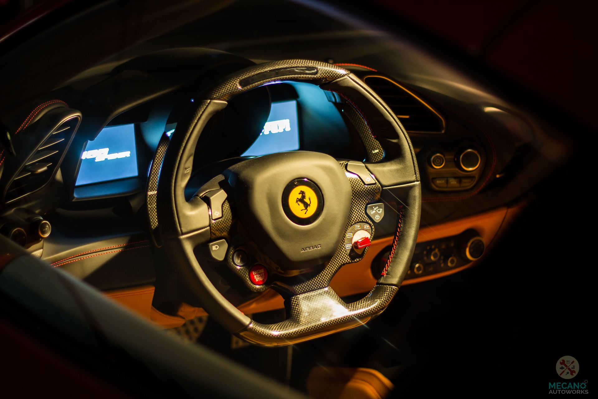 Interior view of a Ferrari car, showing the steering wheel with the Ferrari logo and a digital display. | Mecano Autoworks