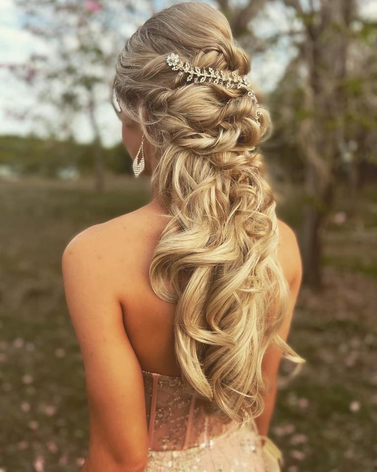 Woman With Blonde, Curled Side-swept Hairstyle and Jewelled Hair Accessory — EDISON Hair Collective In Mackay, QLD