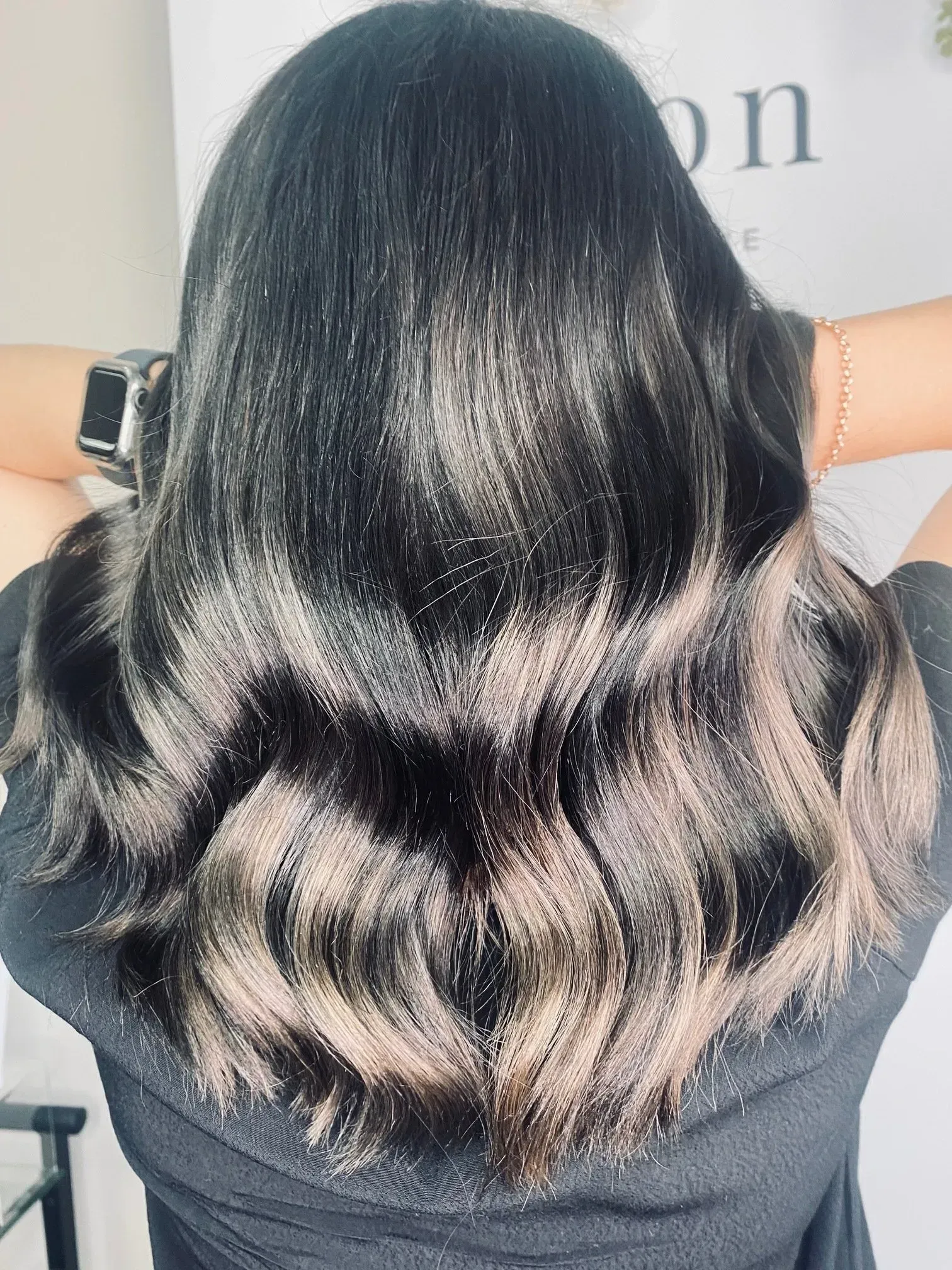 Black Hair with Subtle Brown Highlights, Styled in Loose Waves — EDISON Hair Collective In Mackay, QLD