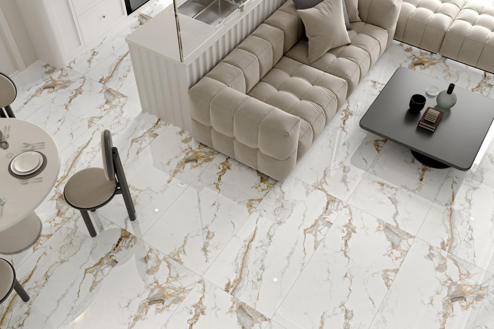 Living room with gold veined white tile, beige sofa, round table, dark coffee table.