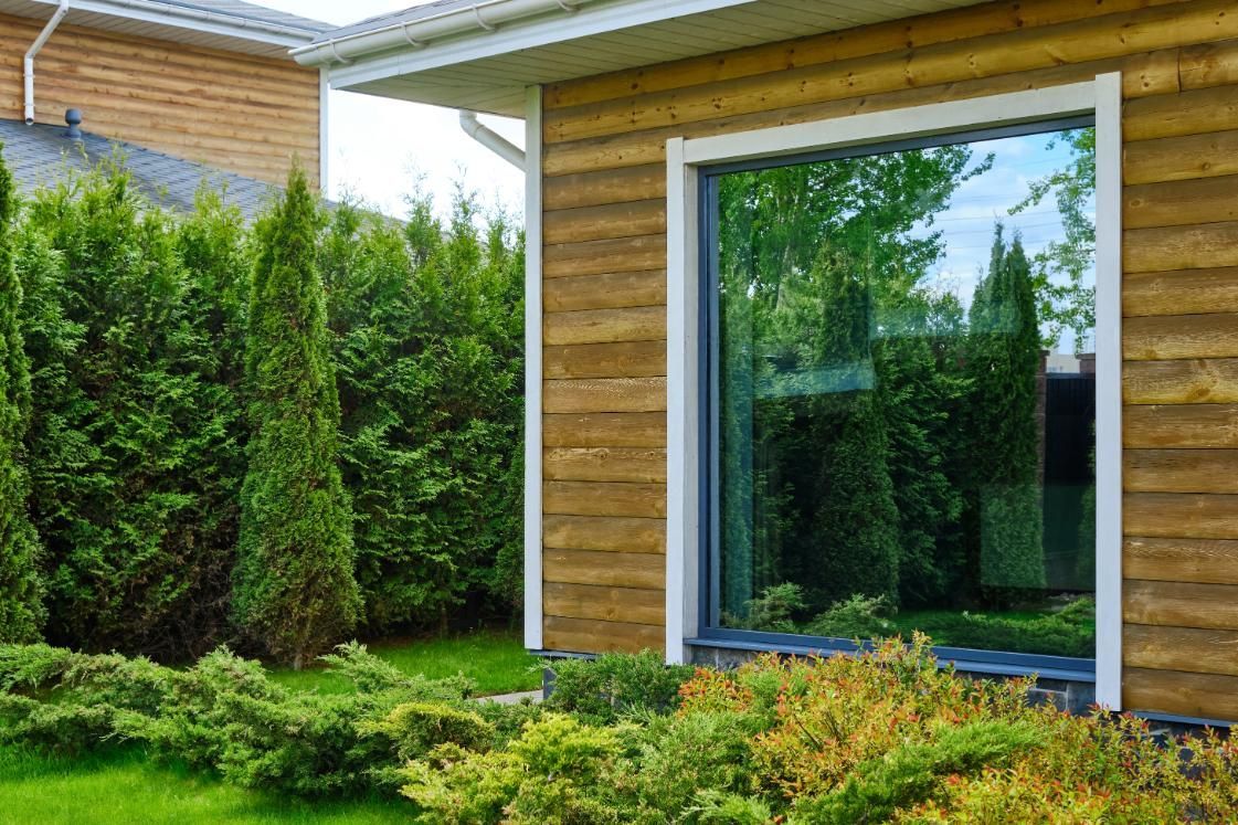 Window reflecting green trees in a yard, set against a wooden house with lush landscaping.