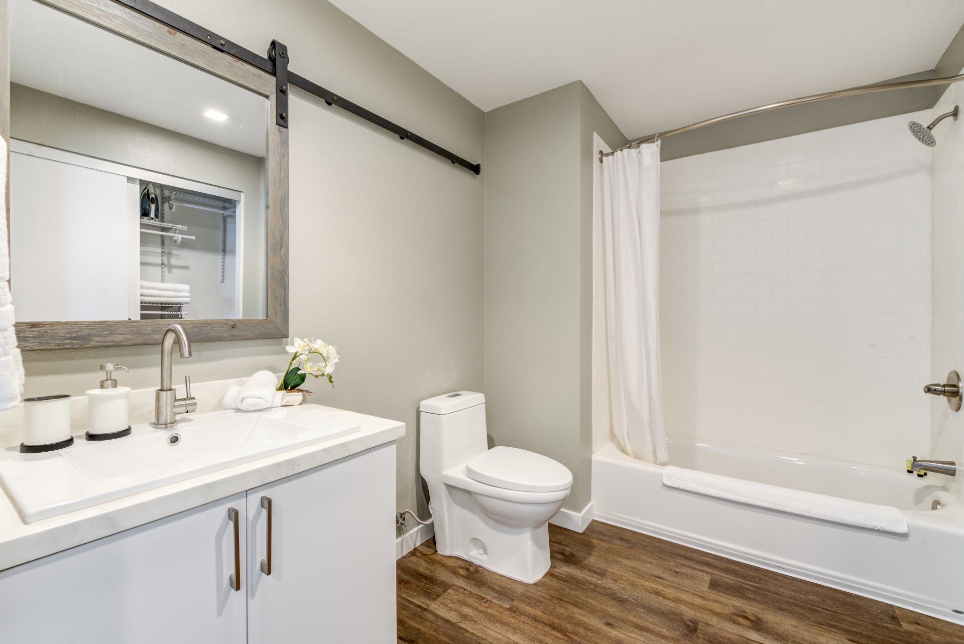 Interior view of bathroom adjacent to kitchen