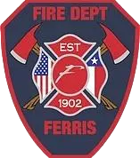 The patch for the Ferris fire department which depicts a shield with a maltese cross and two axes.