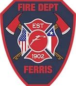The patch for the Ferris fire department which depicts a shield with a maltese cross and two axes.