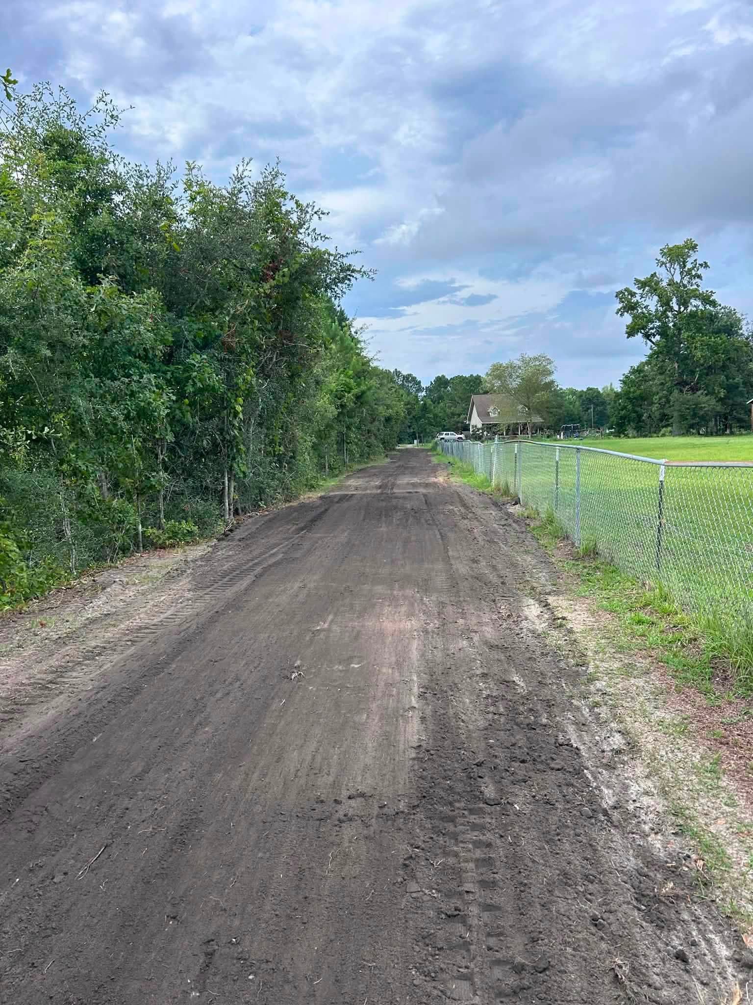 Dirt road beside green trees and a grassy field under a cloudy sky