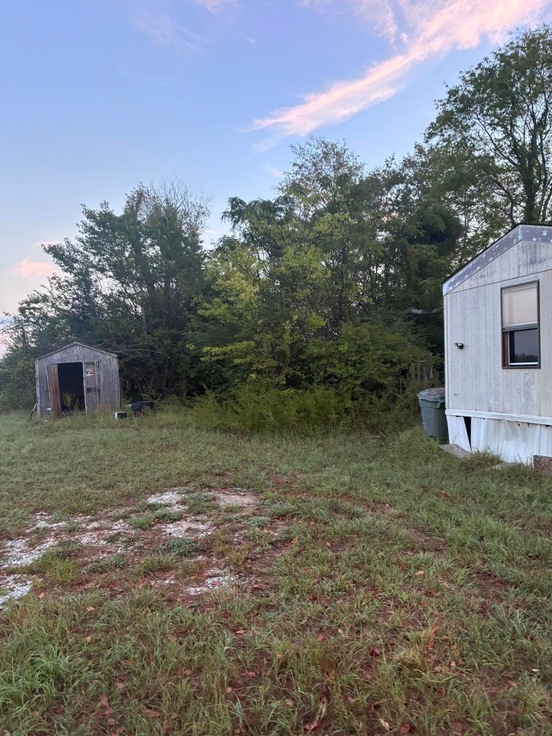 Grassy yard with trees at dusk, a small shed on the left, and part of a white trailer on the right.
