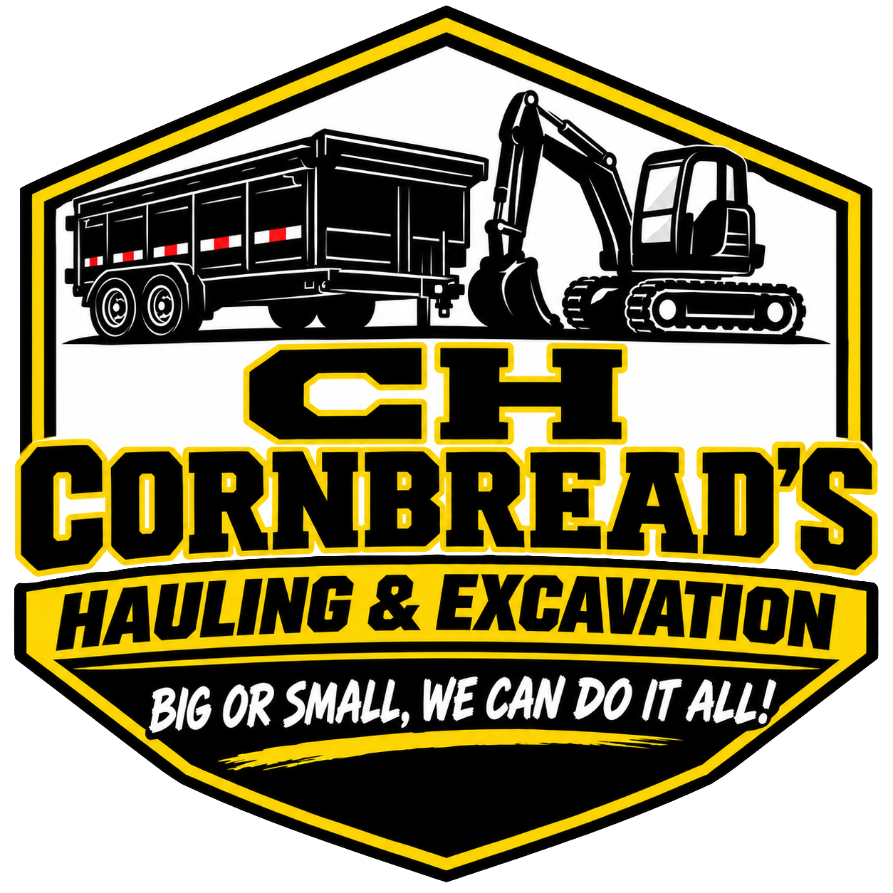 Cornbread’s Hauling & Excavation logo with dump truck and excavator in black, yellow, and white