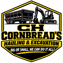 Cornbread’s Hauling & Excavation logo with dump truck and excavator in black, yellow, and white