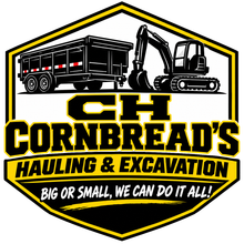 Cornbread’s Hauling & Excavation logo with dump truck and excavator in black, yellow, and white