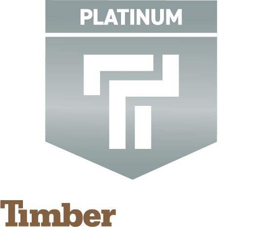 Logo Platinum Timber en gris et blanc avec emblème T stylisé