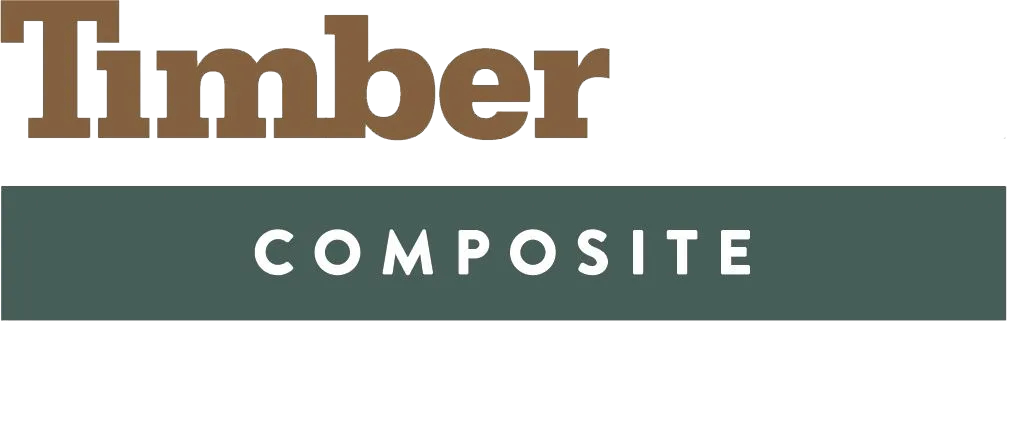 Logo Timber Composite en marron et blanc sur une barre vert foncé