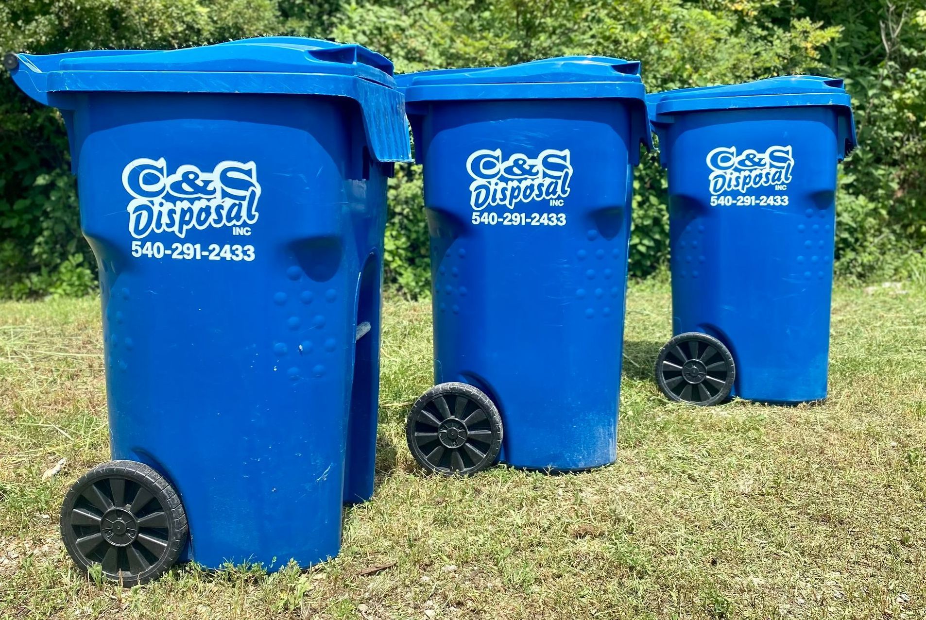 A large black roll-off dumpster placed on a grassy lawn and trees behind.