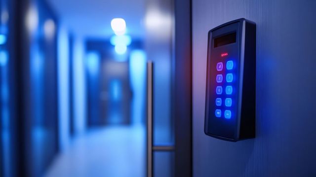 Um teclado de segurança com botões azuis luminosos montado na parede de um corredor de escritório com iluminação fraca e tons de azul.