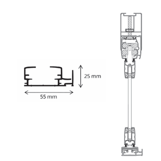 Disegno tecnico di un morsetto per cavi, con dimensioni di 55 mm di larghezza e 25 mm di altezza.