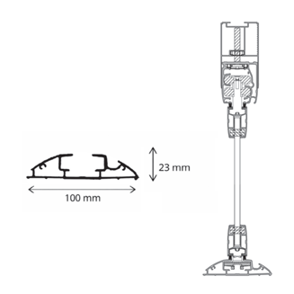 Sezione trasversale e vista laterale della clip di montaggio con dimensioni: 100 mm di larghezza e 23 mm di altezza.