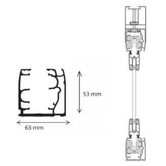 Schema in sezione di un connettore meccanico, con dimensioni di 63 mm di larghezza e 53 mm di altezza.