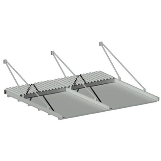Pontile galleggiante modulare con piano a doghe grigie e bracci di supporto triangolari.