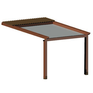 Pergola da patio con struttura marrone, tetto ondulato e pannello di copertura grigio.