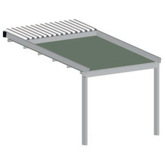 Tettoia da giardino in metallo grigio e verde con tetto a doghe e due gambe di supporto.