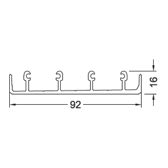 Schema tecnico in sezione di un profilo, con dimensioni di 92 mm di larghezza e 16 mm di altezza, dotato di ganci multipli.