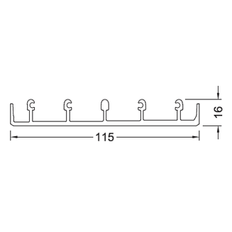 Disegno tecnico di un profilo di staffa scanalata, con dimensioni di 115 mm di larghezza e 16 mm di altezza.