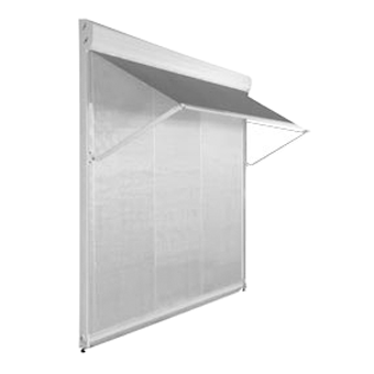 Tenda da sole retrattile grigia a parete, estensibile sopra una finestra o una porta