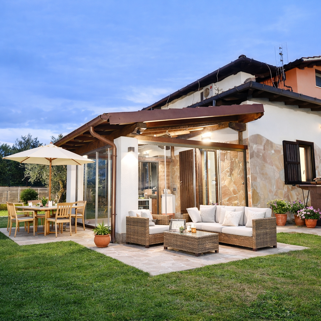 Patio moderno con divano bianco, sedie in vimini, ombrellone e terrazza coperta illuminata accanto a una casa al crepuscolo
