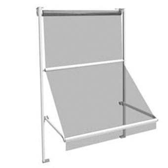 Tenda a rullo a parete con tessuto grigio chiaro e bracci di supporto laterali.