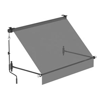 Tenda da sole retrattile grigia con bracci di supporto in metallo e manovella, vista laterale.