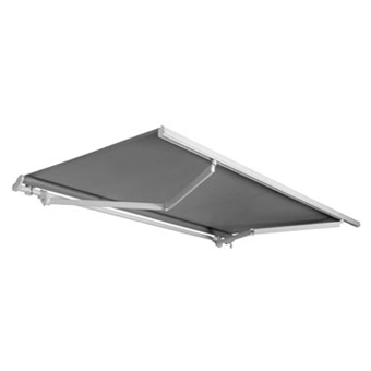 Tenda da sole retrattile grigia con struttura metallica, mostrata estesa su sfondo bianco.