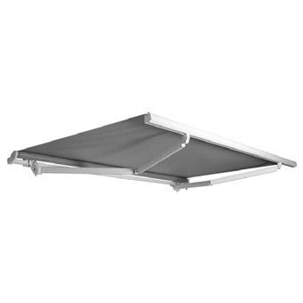 Tenda da sole retrattile grigia con telaio e bracci di supporto bianchi.