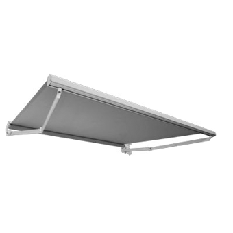 Tenda da sole retrattile grigia con bracci di supporto estensibili su sfondo bianco.