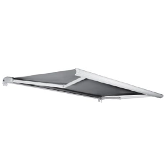 Tenda da sole retrattile grigia con struttura bianca su sfondo bianco.