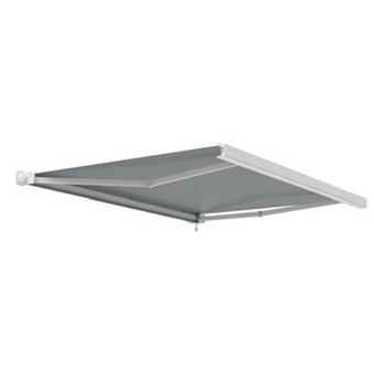 Tenda da sole retrattile grigia con struttura bianca, mostrata aperta su sfondo bianco.