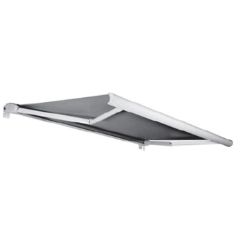 Tenda da sole retrattile grigia con struttura bianca su sfondo bianco.