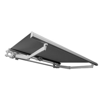 Tenda da sole retrattile grigia con bracci di supporto in metallo su sfondo bianco.