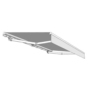 Tenda da sole retrattile con tessuto grigio e bracci di supporto in metallo estensibili verso l'esterno.