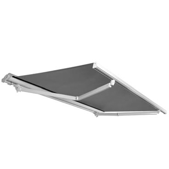 Tenda da sole retrattile grigia con bracci in metallo su sfondo bianco.