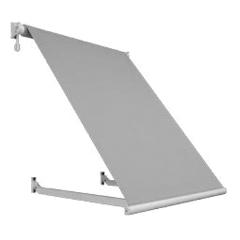 Tenda da sole retrattile grigia montata su staffe a muro, parzialmente estesa su sfondo bianco.