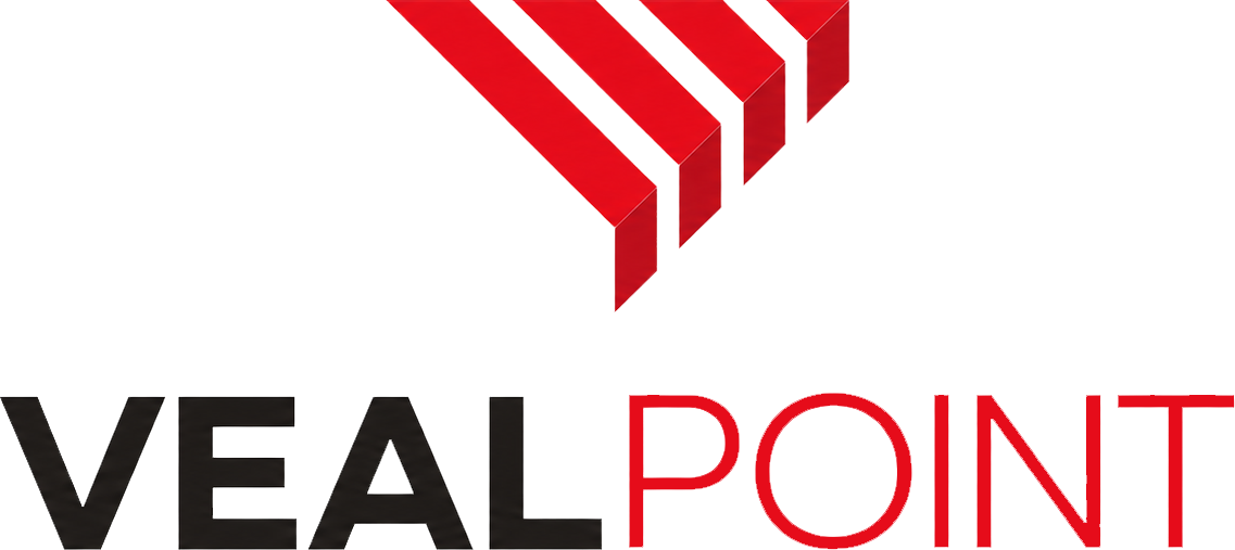 Logo VealPoint con testo nero e rosso e un simbolo geometrico a strisce rosse sopra il nome.