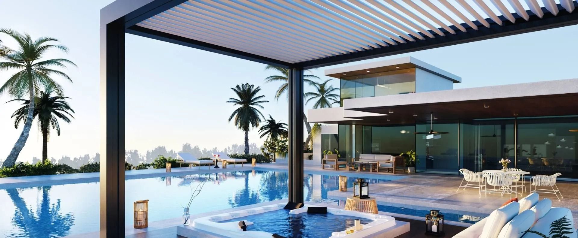 Elegante lounge a bordo piscina in un resort moderno, con gazebo, palme e vista sull'oceano al tramonto.
