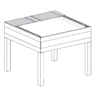 Disegno schematico di un tavolo quadrato in legno con quattro gambe e piano a doghe.